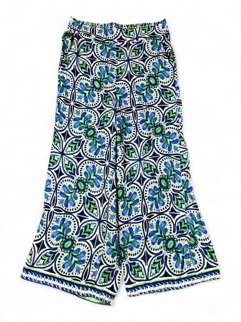 Haute Hippie Wide Leg Printed Pants Womens L Blue Green Floral Tile Resort